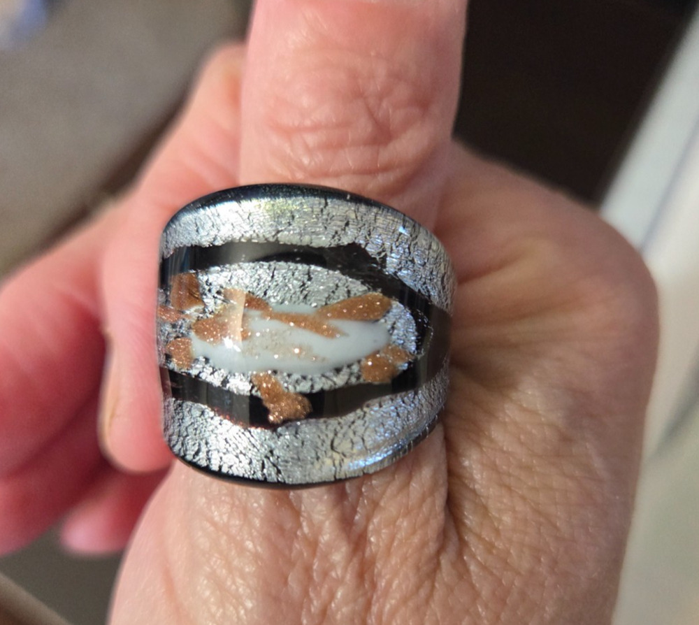 Black Silver Foil Art Glass Ring White Copper Swirl Statement Ring Size 9 #EA2